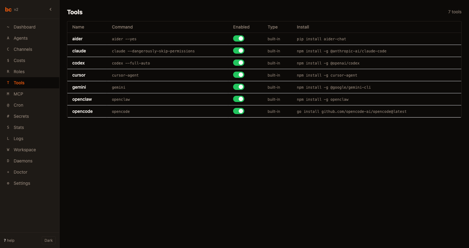 bc Tools view showing registered AI tools with their versions, installation status, and commands
