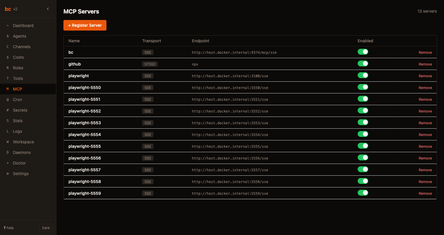 bc MCP view showing configured MCP servers with transport type and connection status