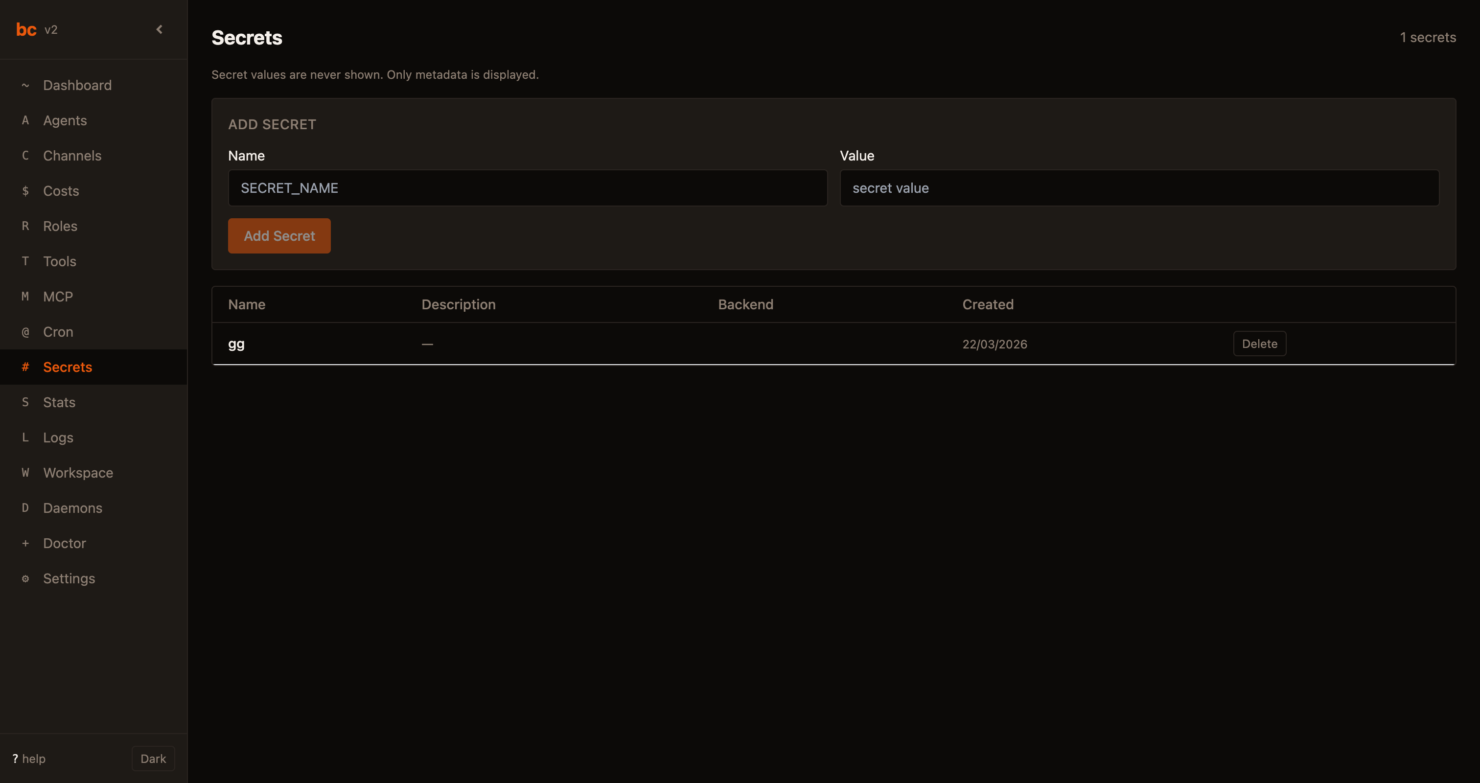 bc Secrets view showing stored secrets with encryption backend and creation dates
