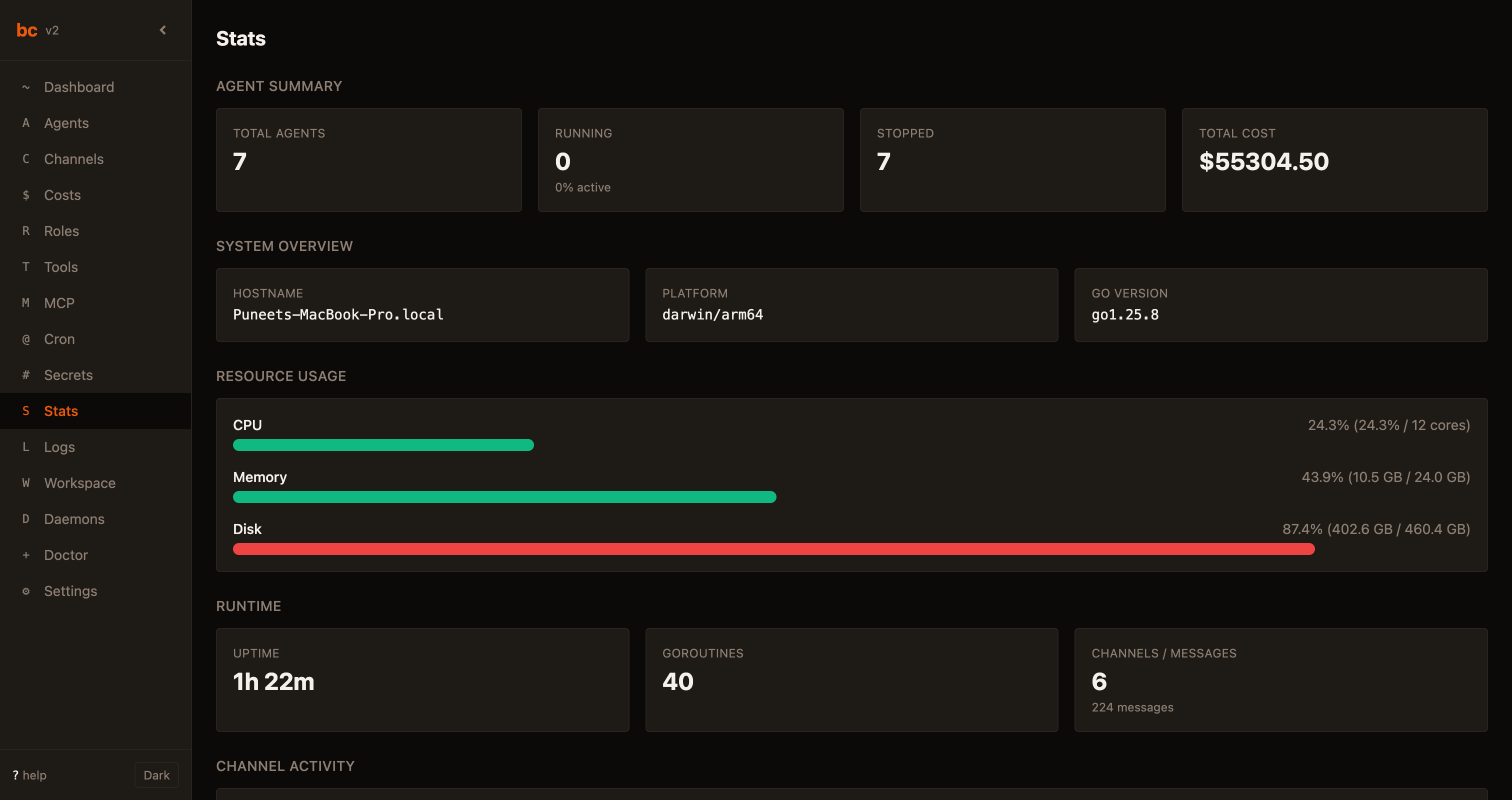 bc Stats dashboard showing agent summary, system overview, resource usage bars, and runtime metrics