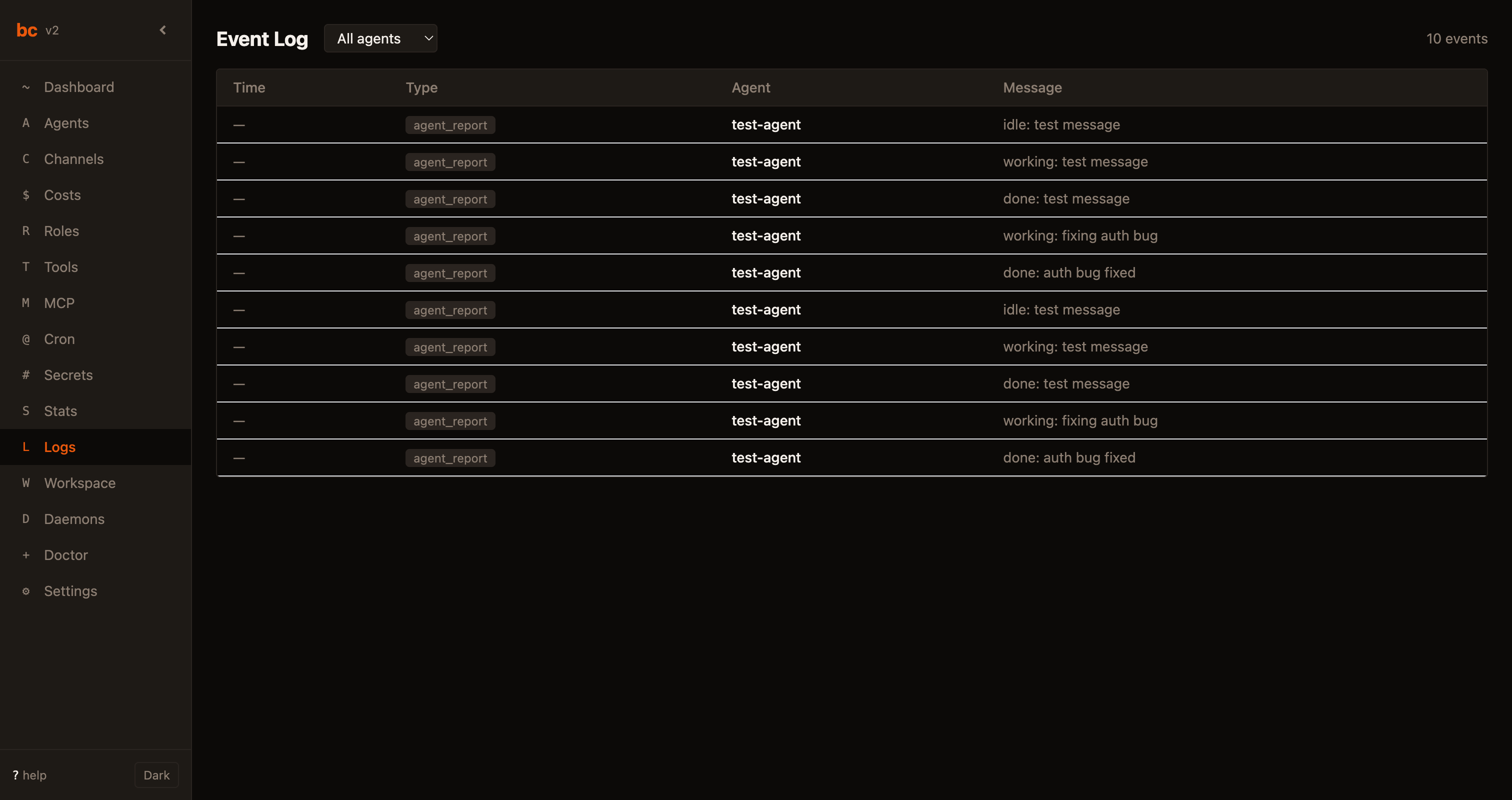 bc Logs view showing a filterable stream of workspace events from agents and system