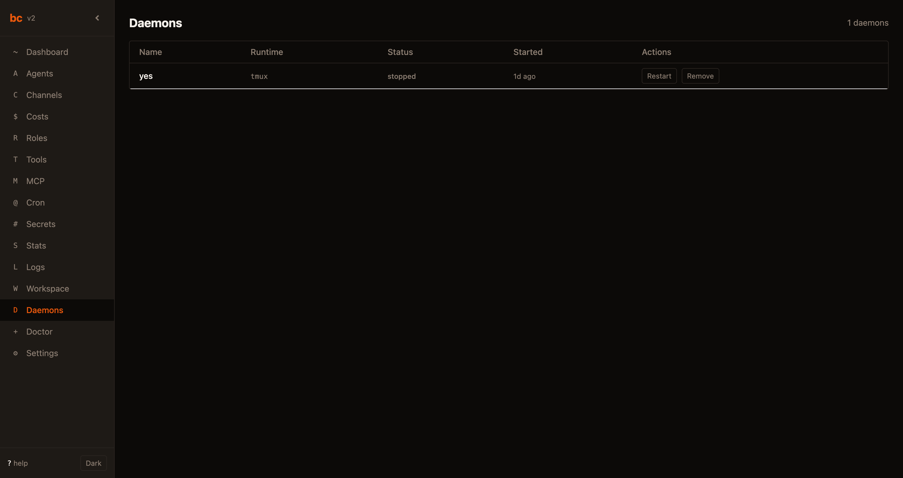 bc Daemons view showing running background processes with their status and uptime